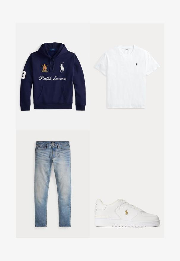 Marineblauwe hoodie met een voorvak, wit Polo Ralph Lauren-logo, geborduurde crest met nummer 20 en nummer 3 op de mouw.; Wit T-shirt met V-hals en korte mouwen met een klein marineblauw Polo Ralph Lauren paardenlogo op de linkerborst.; Lichtblauwe denim jeans met een vervaagde afwerking, vijfzakkenontwerp en contrasterende stiksels. Heeft een ritssluiting en riemlussen. Rechte snit.; Witte lage leren sneaker met witte veters en een gouden Polo Ralph Lauren-logo aan de zijkant en "Polo" in de zool gegraveerd.