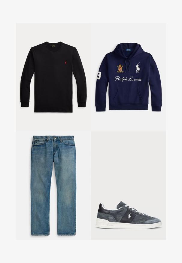 Marineblauer Kapuzenpullover mit Fronttasche, weißem Polo Ralph Lauren Logo, gesticktem Wappen mit der Nummer 20 und der Nummer 3 auf dem Ärmel.; Schwarzes Langarmshirt mit Rundhalsausschnitt, kleinem roten gesticktem Logo auf der linken Brust und gerippten Bündchen.; Hellblaue Jeans aus Denim mit geradem Bein, fünf Taschen, Knopfverschluss und dezenter Used-Optik für mehr Textur.; Graue Wildledersneaker mit weißen Schnürsenkeln, einem dunklen Einsatz mit Logo und einer weißen Gummisohle. Abgerundete Zehenpartie mit genähten Details.