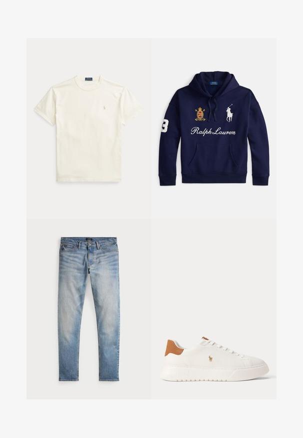 Námornícky modrá mikina s kapucňou s predným vreckom, bielym logom Polo Ralph Lauren, vyšívaným erbom s číslom 20 a číslom 3 na rukáve.; Krémovo sfarbené bavlnené tričko s krátkymi rukávmi. Má jemne vyšívané logo na ľavej strane hrudníka a okrúhly výstrih.; Svetlomodré denimové nohavice s bledým povrchom, dizajnom na päť vreciek a kontrastným prešívaním. Obsahujú zips a pútka na opasok. Rovný strih.; Biely nízky teniska s béžovou pätovou záložkou, bielymi šnúrkami a malým vyšívaným logom hráča póla na boku nad tlustou podrážkou.