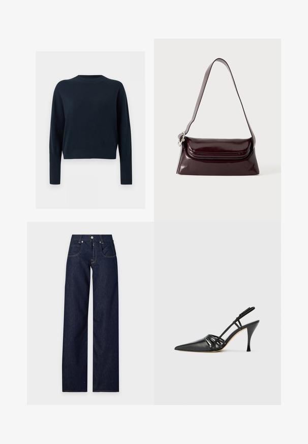 Mørk marineblå rundhalset sweater med lange ærmer og ribstrikkede manchetter og kant, vist på en ensartet lys baggrund.; Mørkeblå denim jeans med lige ben, forlommer, bæltestropper og lukning med metal knap på grå baggrund.; Sort læder højhælede slingback-sko med spids tå, crisscross-remdesign og slank stiletto-hæl. Glat tekstur og minimale accenter.; Mørk bordeaux skuldertaske i læder med klaplukning og en tynd justerbar rem, vist på en ensfarvet lys baggrund.