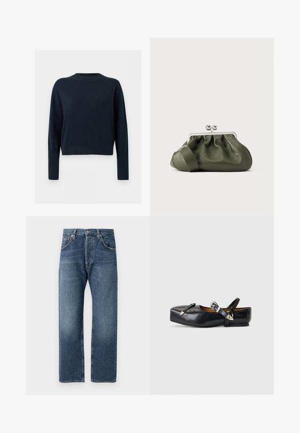 Dunkel marineblauer Pullover mit Rundhalsausschnitt, langen Ärmeln sowie gerippten Bündchen und Saum, auf hellem einfarbigem Hintergrund dargestellt.; Blaue gerade geschnittene Jeans aus Denim mit klassischem Fünf-Taschen-Design und Knopfverschluss, vor einem weißen Hintergrund präsentiert.; Schwarzer flacher Lederschuh mit quadratischer Spitze, zwei silbernen Schnallenriemen und niedrigem Absatz vor hellgrauem Hintergrund.; Olivegrüne Leder-Clutch mit gerafftem Design, silbernem Metallrahmen und doppeltem Kugelverschluss. Verfügt über eine glatte Textur und einen breiten Riemen.
