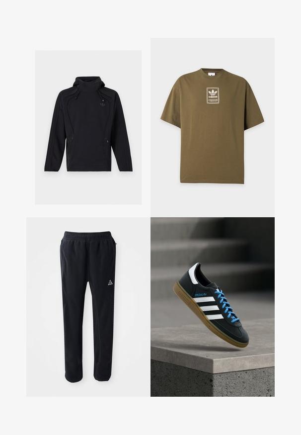 Sudadera negra de manga larga con capucha tipo pulóver, cuello alto, cordones ajustables, bolsillos laterales con cremallera y logo sutil de Adidas en el pecho.; Camiseta Adidas verde oliva con un pequeño logo blanco y parche de texto centrado en el pecho sobre un fondo liso y claro.; Pantalones atléticos negros de material suave y texturizado, con cinturilla elástica, bolsillos laterales y un acento de logo triangular en el muslo.; Zapatilla negra Adidas con franjas blancas, cordones azules y suela de goma flotando sobre un escalón de hormigón gris con luz suave.