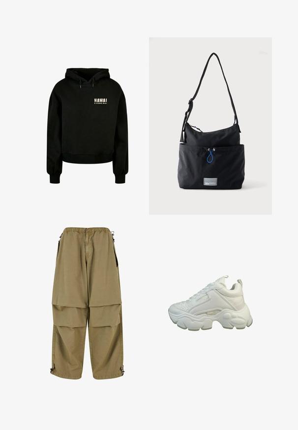Sort cropped hoodie lavet af blødt bomuldsstof. Har en justerbar hætte og ribbede manchetter. Frontdesignet inkluderer teksten: "HAWAI E KOMO MAI."; Beige cargo bukser med elastisk talje, store forlommer og justerbare manchetter. Lavet af letvægtsmateriale med en glat tekstur.; Hvide atletiske sneakers med et struktureret læderoverdel, tykk gummisål og snørebåndsdesign. Har et logo på siden og en polstret tunge.; Sort stoff skuldertaske med justerbar rem, forlommer med blå snor og lille rektangulært logo patch nederst.