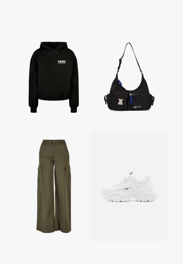 Schwarzer, verkürzter Hoodie aus weichem Baumwollstoff. Verfügt über eine Kapuze mit Kordelzug und gerippte Bündchen. Das Frontdesign enthält den Text: "HAWAI E KOMO MAI."; Olivgrüne, weite Cargo-Hosen mit zwei Seitentaschen, aus einem weichen, langlebigen Stoff. Mit detaillierter Stickerei und Knopfverschluss.; Weiße klobige Sneakers mit einem glatten Lederobermaterial, abgerundetem Zehenbereich und dicker, strukturiertem Sohle mit einem sichtbaren Logo der Marke an der Seite.; Schwarze Nylon-Schultertasche mit geschwungener Form, verstellbarem Riemen, Fronttasche mit Verschluss, blauen Akzenten und Logodetail.