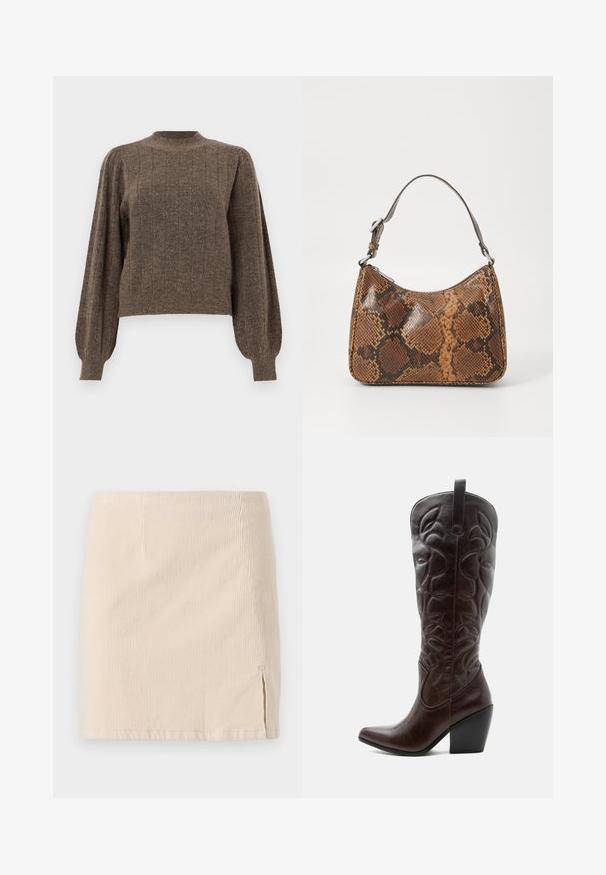 Pull en tricot marron avec une texture côtelée, un col rond et des manches bouffantes, présentant des lignes verticales et un design court.; Jupe mini en velours côtelé beige avec une texture à côtes verticales, dotée d'une fente sur le côté pour un détail supplémentaire. L'ourlet est droit et cousu de manière uniforme.; Botte de cowboy haute en cuir marron foncé avec motifs décoratifs cousus, bout pointu et talon bloc empilé.; Petit sac à main avec un motif en peau de serpent marron et noir, courroie courte et ajustable, et fermeture éclair.