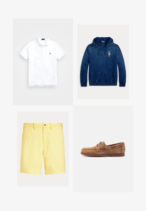 Marineblauwe hoodie met kangoeroezak, trekkoord in de capuchon en geborduurde Polo beer met jas zittend op een stoel op de borst.; Witte poloshirt met korte mouwen, kraag, twee knopen en klein marineblauw geborduurd logo op de linkerborst.; Gele katoenen short met knoopsluiting, een zak aan de voorkant en omgeslagen zoom. Soepele textuur, rechte snit en casual ontwerp.; Bruine suède mocassin met leren veters, gestikte neus en platte rubberen zool, zijaanzicht op een lichte achtergrond.