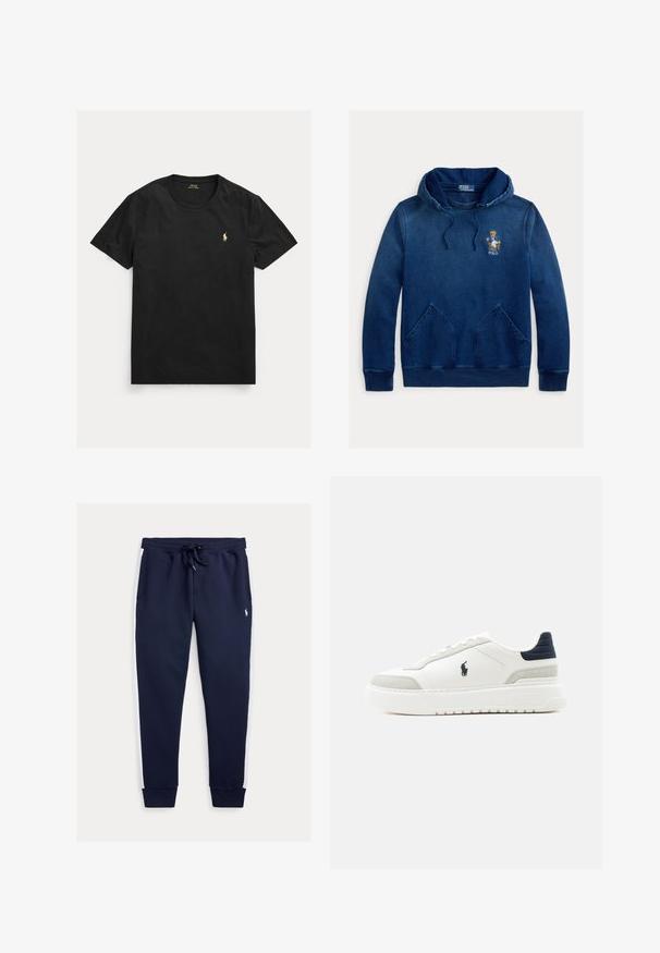 Marineblauwe hoodie met kangoeroezak, trekkoord in de capuchon en geborduurde Polo beer met jas zittend op een stoel op de borst.; Zwart T-shirt met korte mouwen en ronde hals met klein geel Polo Ralph Lauren-logo op de linkerborst.; Donkerblauwe joggingbroek met witte zijpanelen, elastische tailleband met trekkoord, geribbelde boorden en een klein geborduurd logo op het bovenbeen.; Witte lage sneaker met zwarte hielkap, grijze suède accenten, dikke zool en zwart Polo-logo aan de buitenkant.