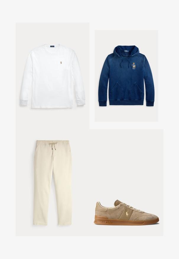 Marineblaue Kapuzenjacke mit Kängurutasche, Kordelzug an der Kapuze und gesticktem Polo-Bären mit Jacke, der auf einem Stuhl auf der Brust sitzt.; Weißes Langarmshirt mit Rundhalsausschnitt und kleinem besticktem Polo Ralph Lauren-Logo auf der linken Brust.; Beige legere Hosen mit elastischem Bund und Kordelzug, gerade Hosenbeine und seitlichen Taschen vor einem einfarbigen Hintergrund.; Beiger Wildleder- und Leder-Low-Top-Sneaker mit Gummisohle, weißen Schnürsenkeln und Polo-Logo an der Seite und an der Sohle.