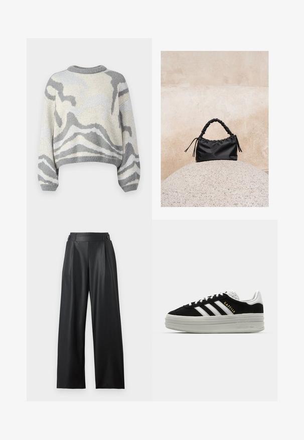 Jersey corto de punto con un patrón abstracto de olas en gris y crema. Textura suave con escote redondo y mangas sueltas.; Pantalones anchos de cuero sintético negro con cintura alta, detalles de botones en la cintura y pliegues delanteros.; Zapatillas negras de ante con detalles en cuero blanco, tres rayas blancas, cordones planos y una gruesa suela de plataforma gris. Marca "Gazelle" en dorado.; Bolso negro fruncido con asa recogida, apoyado sobre una esfera de piedra texturizada frente a una pared de hormigón beige.