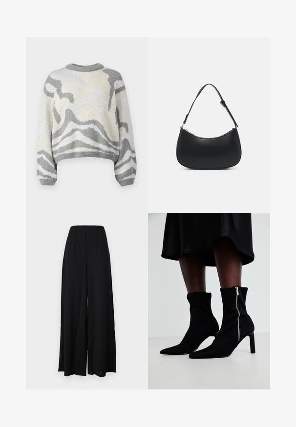 Jersey corto de punto con un patrón abstracto de olas en gris y crema. Textura suave con escote redondo y mangas sueltas.; Pantalones de pierna ancha negros, confeccionados con una tela texturizada, que presentan una cintura alta con pliegues y bordes limpios para una silueta elegante.; Botas negras hasta el tobillo con un cuerpo de tela elástica, punta afilada y cierre lateral de cremallera, sobre un tacón fino y alto.; Pieces PCALUANA SHOULDER BAG - Bolso de mano - black