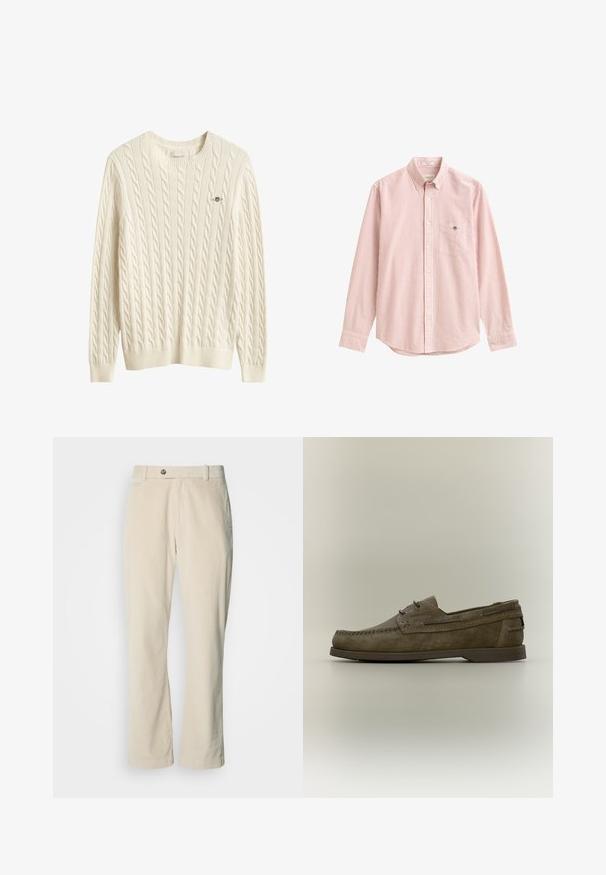 Pull torsadé couleur crème avec manches longues, col rond et petit logo brodé sur la poitrine gauche.; Chemise à manches longues à rayures verticales roses et blanches, avec poche poitrine et col boutonné sur fond blanc uni.; Pantalon en velours côtelé beige avec fermeture à bouton et à fermeture éclair, passants de ceinture et coupe droite sur fond blanc.; Mocassin marron en daim sans lacets avec couture moc toe et détail lacet, semelle en caoutchouc plate, garniture latérale et talon bas sur fond neutre.