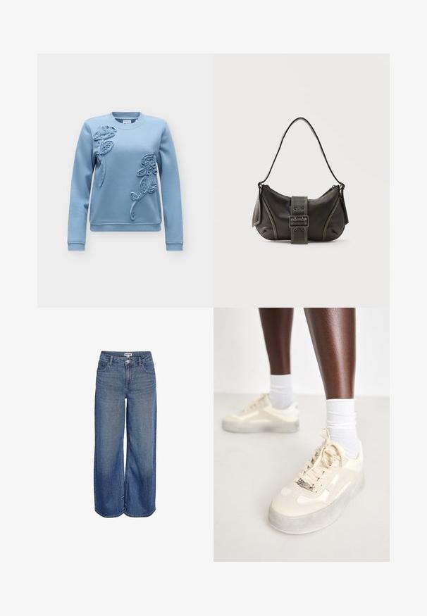 Sudadera azul claro de manga larga con cuello redondo y bordado floral en relieve en la parte delantera con dos rosas y hojas.; Vaqueros azul denim de pierna ancha con cierre frontal de botones y cremallera, trabillas para cinturón y bolsillos delanteros y traseros.; Zapatillas beige con detalles de cuero suave y ante, suela de goma gris, patrones texturizados y un logo metálico de la marca en el lateral.; Bolso de hombro de cuero negro con detalle de correa con hebilla, bordes curvos y costuras blancas en contraste sobre un fondo liso.