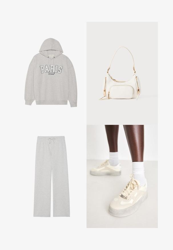 Grå hættetrøje lavet af blødt stof, med et frontgrafik der står "PARIS STUDIO" med fede navy bogstaver. Har snøre i hætten og ribbede mansjetter.; Lys grå træningsbukser i blød bomuldsblanding, med en vidde ben-design, elastisk talje med justerbar snor og uden lommer.; Beige sneakers med glat læder og ruskindsdetaljer, grå gummisål, teksturerede mønstre og et metallisk brandlogo på siden.; Hvid håndtaske med en kort skulderrem, tekstureret overflade, flere lynlåslommer og detaljer i guldfarvet metal. Kompakt og moderne design.