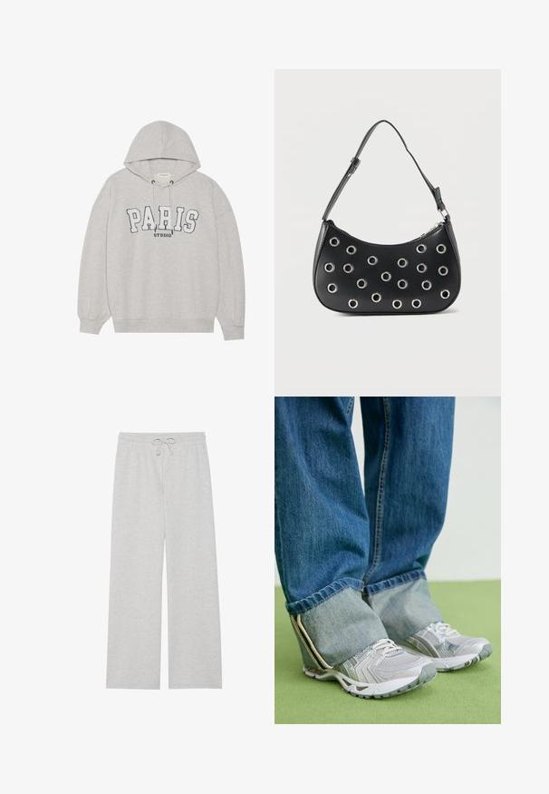 Grå hættetrøje lavet af blødt stof, med et frontgrafik der står "PARIS STUDIO" med fede navy bogstaver. Har snøre i hætten og ribbede mansjetter.; Lys grå træningsbukser i blød bomuldsblanding, med en vidde ben-design, elastisk talje med justerbar snor og uden lommer.; Grå atletiske sko med mesh-materiale og hvide accenter, parret med blå denimjeans, der er opkrøllet ved anklerne.; Sort læder skuldertaske med justerbar rem, dekoreret med sølvfarvede metalnitter og lukning med øverste lynlås.