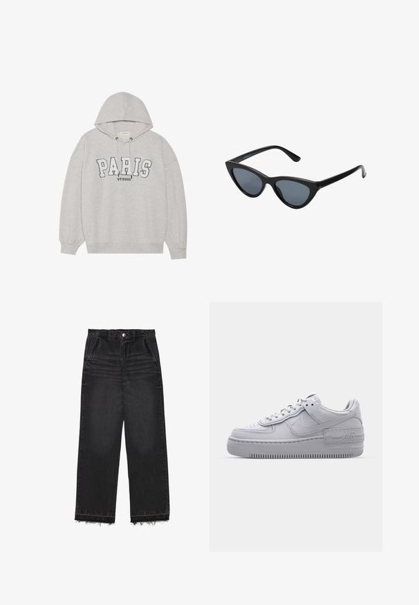 Graue Kapuzenjacke aus weichem Stoff, mit einem Frontdruck, der "PARIS STUDIO" in fetten Marineblauen Buchstaben zeigt. Mit Kordelzugkapuze und gerippten Bündchen.; Schwarze Denim-Hosen mit geradem Bein. Sie verfügen über eine hohe Taille, einen fransigen Saum und eine subtile, ausgebleichte Textur. Mit Eingrifftaschen vorne.; Graue Nike Air Force 1 Sneaker mit perforierter Zehenpartie, Obermaterial aus glattem Leder, dicker Sohle und geprägtem 'AIR'-Detail an der Ferse.; Schwarze Cat-Eye-Sonnenbrille mit dunkelgrauen Gläsern, schlankem Kunststoffrahmen, spitzen Ecken und geraden Bügeln. Keine sichtbaren Befestigungen oder Akzente.
