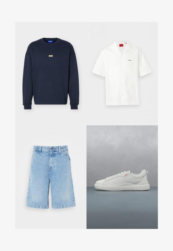 Marineblauwe lange mouwen trui met ronde hals, kleine gele "HUGO"-logo op de borst en een blauw label aan de binnenkant van de kraag.; Witte korte mouw blouse met knopen en open kraag, klein "HUGO"-logo op de borst en een rood merketiket aan de binnenkant van de hals.; Lichtblauwe denim shorts met een rechte snit, voorzien van vijf zakken, een knoopsluiting aan de voorkant en subtiele vervaging door de stof.; Witte sneaker met een gladde leren afwerking, ronde neus, vier veterogen, subtiele perforaties en een rood logo detail aan de zijkant.