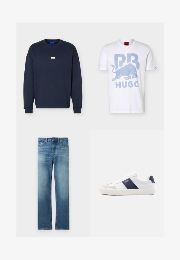 Sweat-shirt bleu marine à manches longues avec col rond, petit logo jaune "HUGO" sur la poitrine et étiquette bleue à l'intérieur du col.; T-shirt blanc à manches courtes avec un graphisme de taureau bleu clair, grandes lettres "PB" au-dessus, et le texte "HUGO" en dessous sur le devant.; Jean bleu moyen à jambes droites avec légère décoloration, design classique à cinq poches, fermeture par boutons et passants pour ceinture.; Baskets blanches basses avec une bande latérale marine, logo "BOSS", bout beige et semelle blanche, présentées de profil sur un fond clair.