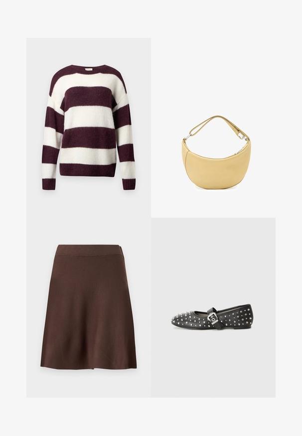 Strikket sweater med brede maroon og creme striber, lavet af blødt strikmateriale med en afslappet pasform og rund halsudskæring.; Brun A-formet nederdel med elastisk talje, glat strik tekstur og let svaj i kanten mod en ensfarvet lys baggrund.; Sorte flade sko prydet med sølvnitter, med en rem med spænde. Skoen har en spids tå og en lav hæl.; Blød beige skuldertaske i læder formet som en halvmåne med justerbar rem og sølvfarvet lynlåslukning.
