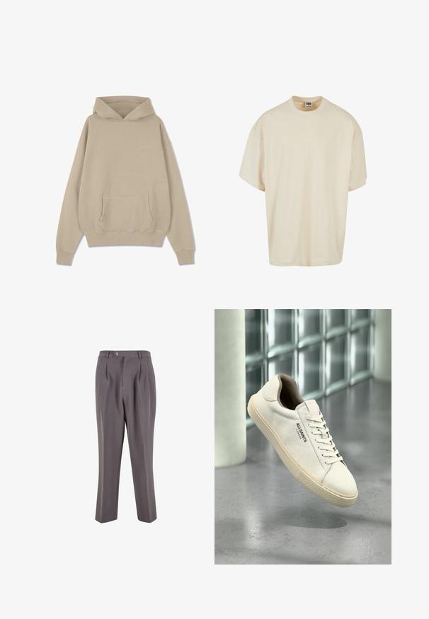 Haut à capuche beige en mélange de coton, doté d'une poche kangourou, d'une capuche avec cordon de serrage et de poignets et ourlet côtelés. Marquage minimaliste sur la poitrine.; T-shirt à manches courtes de couleur crème avec une coupe décontractée et un col rond ; fabriqué en coton doux, présentant de subtils détails de couture.; Pantalons plissés gris en tissu lisse, avec une coupe droite, une fermeture à bouton unique et des poches latérales en biais.; Baskets en toile blanche avec semelle et lacets beige, logo "AllSaints London" sur le côté, flottant au-dessus d'un sol gris poli près de blocs de verre.