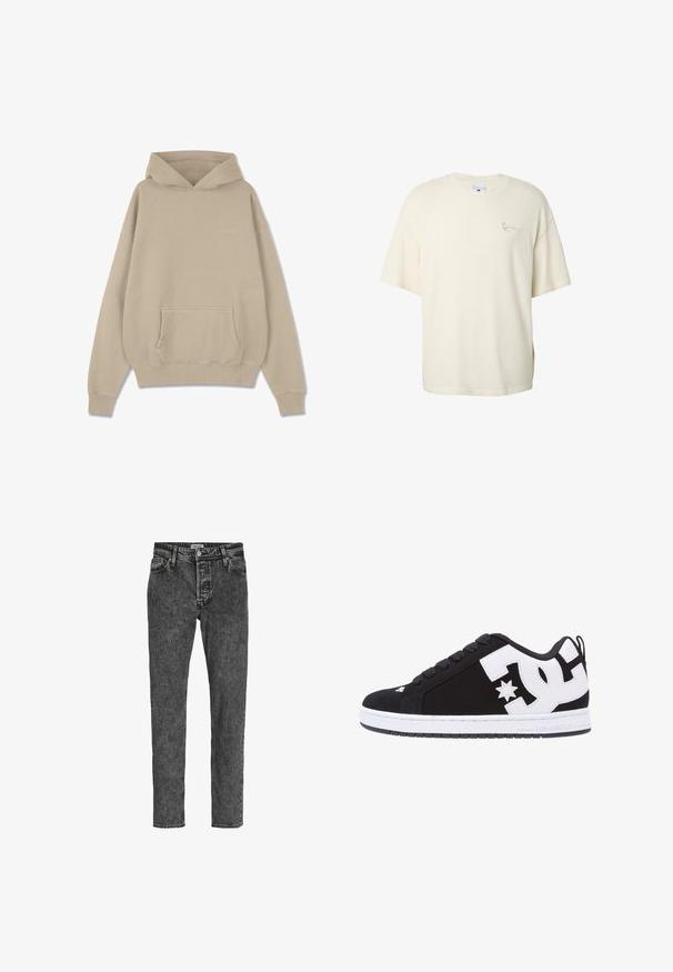 Beige Kapuzenpullover aus Baumwollmischung, mit Kängurutasche, verstellbarem Kordelzug an der Kapuze und gerippten Bündchen und Saum. Minimalistisches Branding auf der Brust.; Cremefarbenes, kurzärmeliges Baumwoll-T-Shirt mit Rundhalsausschnitt und kleinem, auf der linken Brust gesticktem Logo.; Jack & Jones Relaxed Fit JJICHRIS JJORIGINAL SQ 734 - Jeans Tapered Fit - black denim; Schwarzer Sneaker mit weißen Akzenten und Logo. Verfügt über eine runde Zehenpartie, eine gepolsterte Sohle, flache Schnürsenkel und ein glattes Obermaterial. Seitenansicht.