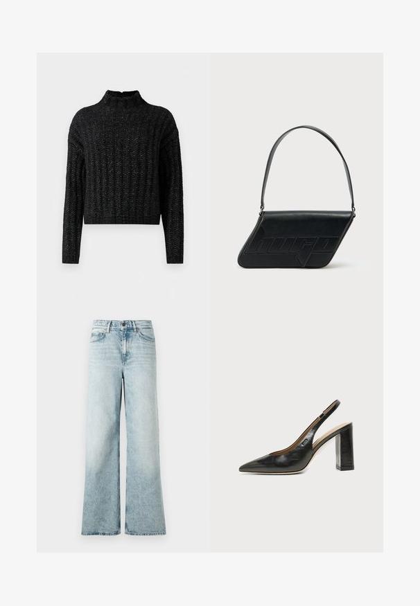 Pull en tricot noir, épais, avec un motif côtes, manches longues et col montant court.; Jean large bleu clair en denim, avec taille haute, ourlet court et une texture douce avec des détails décolorés.; Chaussure slingback en cuir noir à bout pointu avec un talon bloc haut et une doublure intérieure beige sur un fond clair uni.; Sac d'épaule en cuir noir de forme triangulaire, avec un logo embossé et une seule bandoulière réglable. Design minimaliste avec une texture lisse.