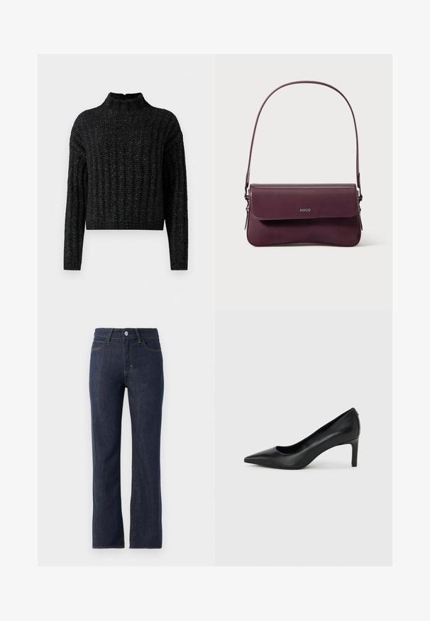 Pull en tricot noir, épais, avec un motif côtes, manches longues et col montant court.; Jean en denim bleu foncé avec une coupe droite, dotés d'une fermeture à bouton, de cinq poches et de coutures orange contrastées.; Escarpin à bout pointu en cuir noir avec un talon fin de hauteur moyenne sur un fond gris clair uni.; Sac à main en cuir bordeaux au design structuré, avec une fermeture à rabat et une bandoulière ajustable. Détail du logo embossé sur le devant.