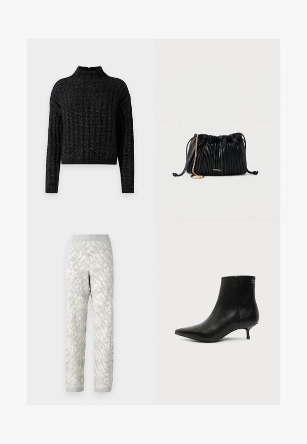 Sort chunky strikket sweater med ribbet mønster, lange ærmer og en kort ståkrave.; Strukturerede loungbukser i elfenben med grå mønstre, der har et blødt stof, elastisk talje og ribbede manchetter.; Sort læder ankelstøvle med spids tå og lav kitten hæl på lys baggrund, der viser yderside.; Sort læderhåndtaske med plisseringer, snorelukning, guldkæde som rem og lille horisontalt guldakcent foran.