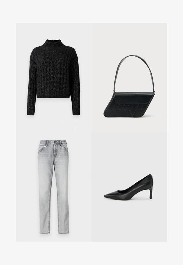 Schwarzer, grob gestrickter Pullover mit geripptem Muster, langen Ärmeln und stehendem Kragen.; Graue Jeans aus Denim mit klassischem Schnitt, ausgestattet mit einem Knopfverschluss, fünf Taschen und subtilen Auswaschungen für Textur. Gerader Beinansatz.; Schwarzer, spitz zulaufender High-Heel-Pumps aus Leder mit einem schlanken, mittelhohen Absatz auf einem schlichten hellgrauen Hintergrund.; Schwarze Leder-Umhängetasche mit dreieckiger Form, geprägt mit Logo und einem einzigen verstellbaren Riemen. Minimalistisches Design mit glatter Textur.