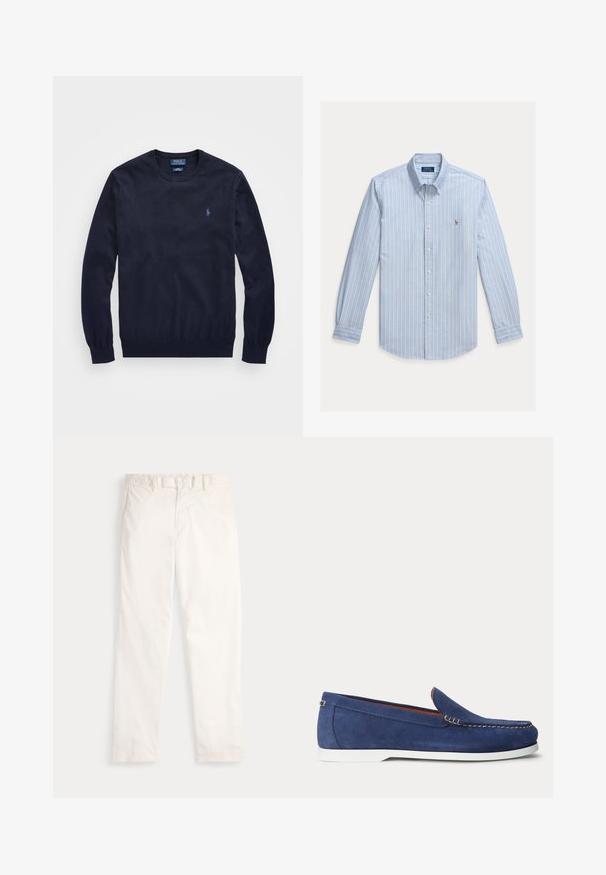 Pull bleu marine à col rond avec manches longues et petit logo Polo Ralph Lauren brodé sur la poitrine gauche.; Chemise bleu clair à manches longues avec rayures verticales blanches et petit logo Polo Ralph Lauren brodé sur la poitrine.; Pantalon blanc à jambes droites avec passants de ceinture et poches avant, présenté à plat sur un fond blanc.; Mocassin en daim bleu avec semelle blanche et surpiqûres beiges le long du bord supérieur, présenté sur un fond blanc uni.