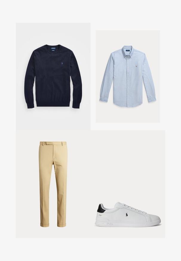 Marineblauwe rondehals trui met lange mouwen en een klein geborduurd Polo Ralph Lauren-logo op de linkerborst.; Lichtblauw overhemd met lange mouwen, witte verticale strepen en een klein geborduurd Polo Ralph Lauren-logo op de borst.; Beige broek met rechte pijpen, riemlussen, een gulp aan de voorkant en omgeslagen zomen, afgebeeld tegen een effen lichte achtergrond.; Witte lage sneaker met zwarte hieltab, veters en Polo Ralph Lauren-logo aan de zijkant, met gegraveerde zooldetails.