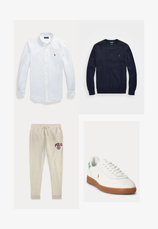 Marineblauwe rondehals trui met lange mouwen en een klein geborduurd Polo Ralph Lauren-logo op de linkerborst.; Wit overhemd met lange mouwen en knopen, met kraag, Polo Ralph Lauren-logo geborduurd op de linkerborst.; Beige joggingbroek met trekkoord, zijzakken en rood "POLO"-logo en embleem op de bovenste linker dij.; Witte sneaker met veters, bruine rubberen zool, groene hieltab en klein goudkleurig polo-spelerlogo aan de buitenkant.