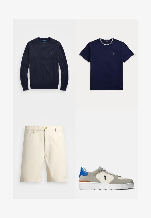 Tumesinine ümarakaelusega kampsun pikkade varrukatega ja väike tikitud Polo Ralph Laureni logo vasakul rinnal.; Tumesinine lühikeste varrukatega ümara kaelusega T-särk, valge servaga kaelusel ja varrukatel, vasakul rinnal väike valge Polo Ralph Laureni logo.; Kergedest beezid šortid, mis on valmistatud kerge kangaga, millel on nööpide sulgemine, vöökohad ja küljetaskud. Lihtne disain puhaste joontega.; Hallide nubuk ja valge nahk sneaker siniste aktsentidega, millel on logo, valged paelad ja tekstureeritud kummitald.