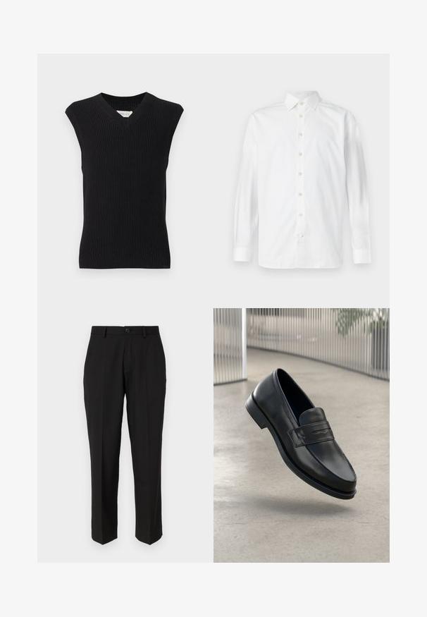 Gilet tricoté noir sans manches avec col en V et bord côtelé présenté sur un fond clair uni.; Chemise blanche à manches longues avec boutons, col à l'italienne et poignets boutonnés, présentée sur un fond blanc uni.; Pantalon noir en tissu lisse, présentant une coupe droite, des poches avant, un bouton simple de fermeture et sans motifs visibles.; Mocassin en cuir noir à texture lisse, bout pointu et bande décorative sur le cou-de-pied. Semelle légère, design minimaliste.