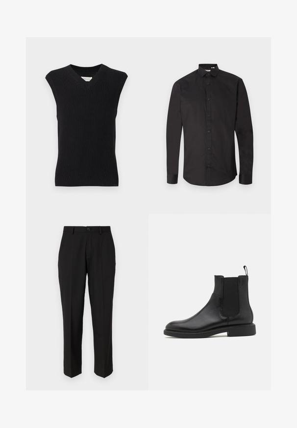 Zwarte mouwloze gebreide sweatervest met V-hals en geribde rand, weergegeven op een effen lichte achtergrond.; Zwarte longsleeve van glad katoen, met een knoopsluiting aan de voorkant, klassieke kraag en afgeronde zoom. Eenvoudig ontwerp, geen patronen.; Zwarte broeken van soepele stof, met een rechte pijpconstructie, vo pockets, een enkele knoopsluiting en geen zichtbare patronen.; Zwarte leren enkelboot met een gladde textuur, elastische zijpanelen en een trekhaak. Ronde neus en platte rubberen zool met minimale profiel.