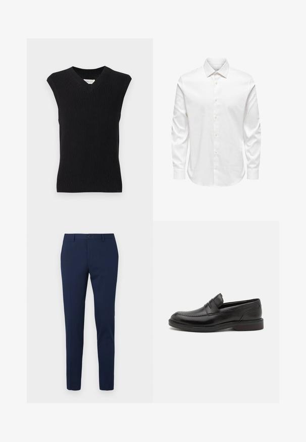 Chaleco de punto sin mangas negro con cuello en V y ribete acanalado mostrado sobre un fondo claro y liso.; Camisa de vestir blanca para hombre de manga larga con cuello puntiagudo y fila frontal de botones blancos sobre un fondo liso.; Pantalones de vestir color azul marino con diseño de pierna recta, hechos de un tejido suave. Cuentan con cierre frontal de botón y dos bolsillos laterales.; Mocasines de cuero negro con detalle de costura en la puntera, dos correas horizontales en la parte superior y un tacón de madera. Textura suave y forma redondeada.