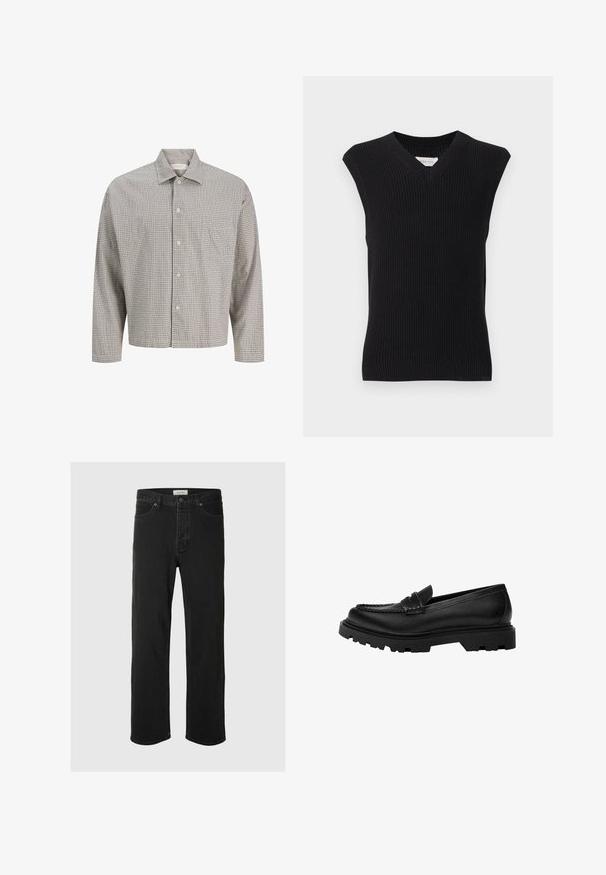 Gilet tricoté noir sans manches avec col en V et bord côtelé présenté sur un fond clair uni.; Chemise à carreaux à boutons dans des couleurs atténuées, dotée d'un col évasé, de manches longues, d'une poche poitrine et d'une coupe décontractée. Tissu en mélange de coton.; Des jeans en denim noir à coupe droite disposent d'un design classique à cinq poches avec fermeture à bouton, de coutures minimales et d'une texture douce.; Mocassin en cuir noir avec une semelle robuste et texturée. Présente un bord décoratif en couture et un petit talon pour un design contemporain.