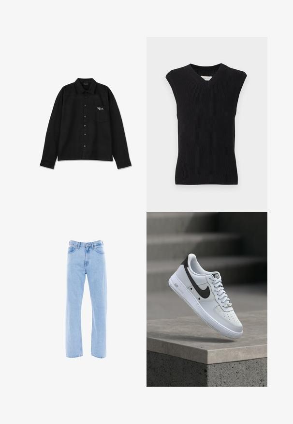 Sort ærmeløs strikket sweatervest med V-hals og ribbet kant vist på ensartet lys baggrund.; Sort langærmet skjorte lavet af stof, med krave, knap-lukning foran, enkelt brystlomme og broderet logo i hvid på lommen.; Lyseblå denim jeans med lige ben, høj talje, forlommer og klassiske sy detaljer på sømmene og taljebåndet.; Hvid Nike Air Force 1 sneaker med sort swoosh-logo, svævende over en betonforkant med slørede trapper i baggrunden.