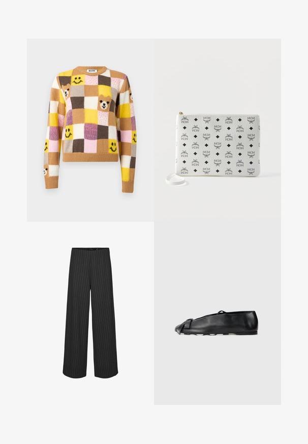 Pull en patchwork avec des carrés jaunes, bruns, roses et crème, arborant des visages souriants et des visages d'ours sur le devant et les manches.; Pantalons larges noirs à rayures verticales blanches, présentant une coupe ajustée et une texture lisse. Pas de poches ni de matériel visible.; Chaussure plate en cuir noir à bout rond, présentant un détail de nœud décoratif à l'avant. Texture lisse et design simple.; Pochette en cuir blanc à bracelet, ornée de motifs répétés noirs MCM, d'emblèmes ailés et de formes en losange, avec une fermeture éclair dorée et une lanière de poignet.