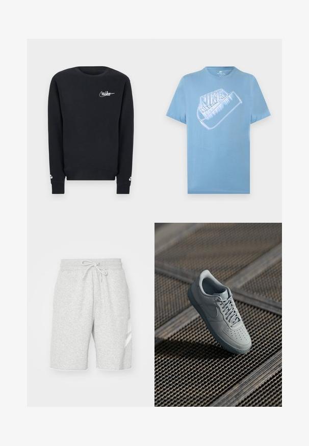 Zwart sweatshirt met lange mouwen en een ronde hals, met wit Nike-logo op de borst en manchetten, eenvoudig ontwerp, geribde zoom en manchetten.; Lichtblauw Nike T-shirt met korte mouwen en een groot gestileerd wit Nike-logo en swoosh-beeld op de borst.; Heren grijze sweatshorts van zacht katoen, met een elastische tailleband met trekkoord, zijzakken en een witte logo-detail.; Grijze leren sneaker met geperforeerde neus, platte veters, gevoerde kraag en gestructureerde rubberen zool. Heeft een subtiele merkdetails.