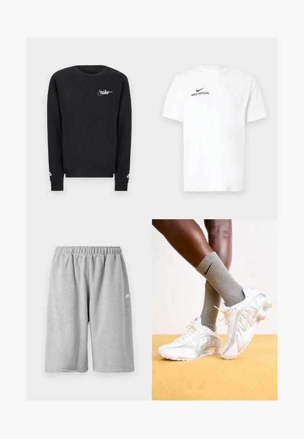 Sort langærmet crewneck-sweatshirt med hvidt Nike-logo på bryst og ærmekanter, enkelt design, ribstrikket kant og ærmekanter.; Hvid bomulds T-shirt med korte ærmer. Har en sort "Nike Official"-logo og en sort swoosh på venstre brystside.; Grå bomuldsshorts med elastik i taljen, med løs pasform og et lille hvidt logo nær kanten. Glat tekstur, længde over knæet.; Nike sneakers i hvid med sølv accenter, der har teksturerede paneler og perforeringer. Sammen med grå ribbede sokker, sat mod en gul baggrund.