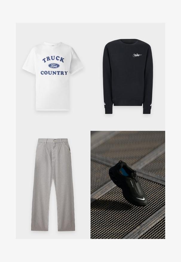 Čierna mikina s dlhými rukávmi a okrúhlym výstrihom, biele logo Nike na hrudi a manžetách, jednoduchý dizajn, rebrovaný lem a manžety.; Biele bavlnené tričko s modrým potlačeným nápisom "TRUCK COUNTRY" a modrým oválnym logom "Ford" v strede. Krátke rukávy a okrúhly výstrih.; Pánske pruhované nohavice s vertikálnymi čiernymi a bielymi tenkými pruhmi, zapínanie vpredu na gombíky, pútka na opasok a bočné vrecká.; Čierne tenisky Nike Air Max s elegantným dizajnom, zipsovým uzatváraním, textúrovaným zvrškom a výrazným bielym logom na boku, umiestnené na pozadí s mriežkou.