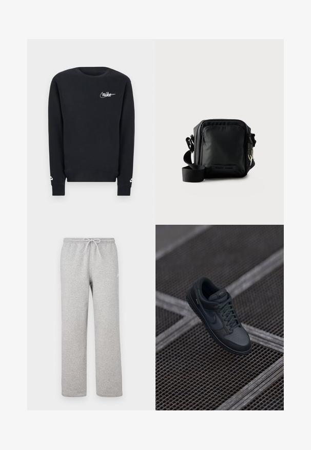 Sudadera negra de manga larga con cuello redondo, logo blanco de Nike en el pecho y puños de las mangas, diseño liso, dobladillo y puños acanalados.; Pantalones deportivos grises con cintura elástica y cordón ajustable. Fabricados con tela suave, cuentan con piernas rectas y un sutil detalle de logotipo.; Zapatilla Nike de cuero negro con punta redondeada, parte superior perforada y suela de goma texturizada. Incluye cordones y un sutil logo.; Bolso bandolera compacto negro con bolsillo delantero con cremallera, correa ajustable y tela texturizada sobre un fondo liso.