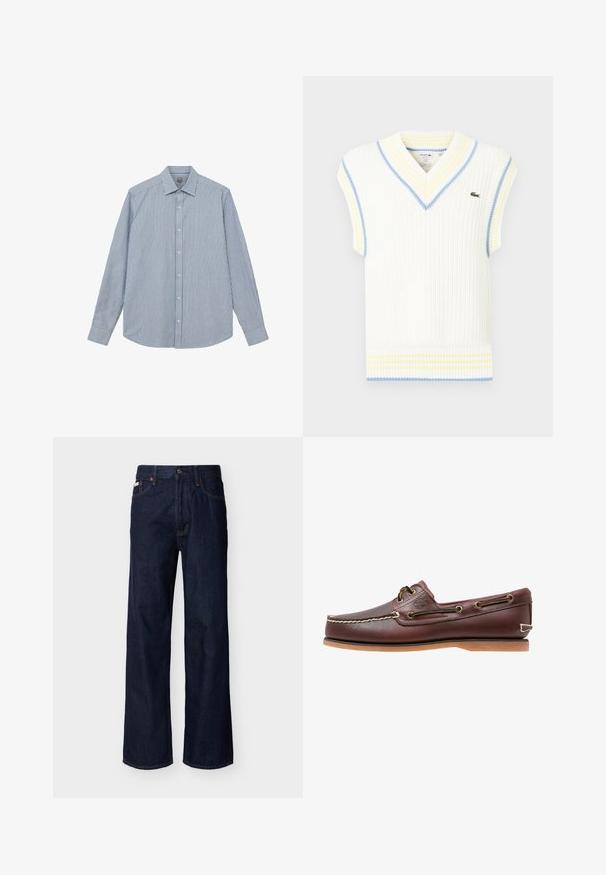 Hvid ribbet ærmeløs sweatervest med V-hals, der har blå og gule striber omkring halsen og kanten; lille grøn logo på brystet.; Mos Mosh Gallery Skjorter - light blue; Mørkeblå, straight-leg denimjeans med fem-lommes design og knaplukning, vist på en ensfarvet lys baggrund.; Brun læder bådsko med hvide sømme, snøre detaljer og lysbrun gummisål, vist fra siden på hvid baggrund.