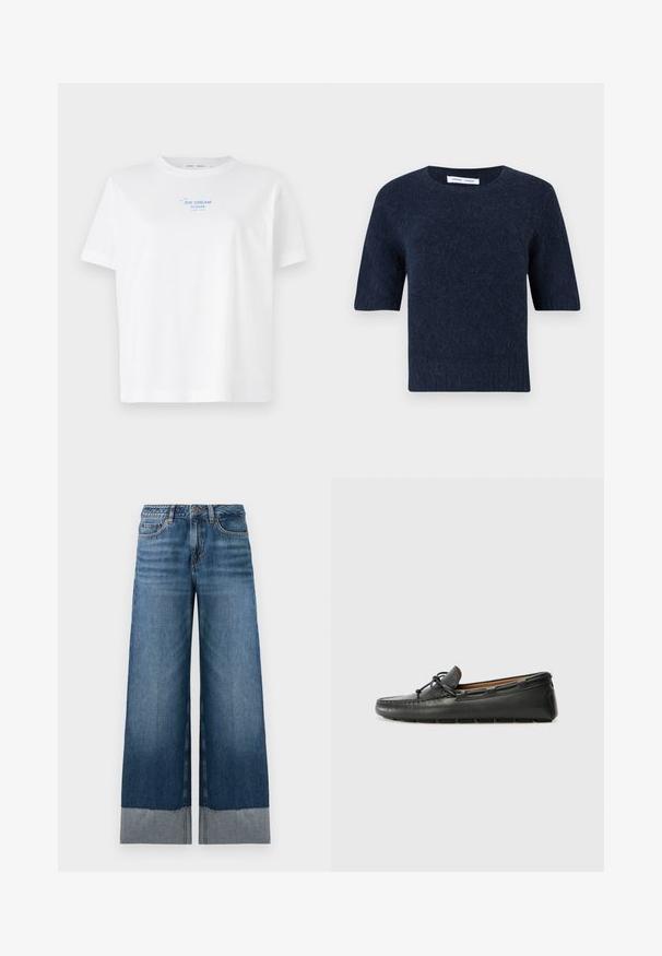 Pull court en tricot flou bleu marine à manches courtes, avec un col rond et un ourlet droit, présenté sur fond blanc.; T-shirt en coton blanc à col rond, manches courtes, avec un texte imprimé bleu "GLACE S'IL VOUS PLAÎT" au-dessus d'un dessin simple d'un cornet de glace.; Jean bleu à jambes larges avec un dégradé de denim plus foncé à plus clair, présentant un ourlet brut et des détails de couture subtils. Design classique à cinq poches.; Bateau en cuir noir avec un bout arrondi, des détails de couture, un petit accent en nœud et une semelle en caoutchouc. Texture lisse et design épuré.