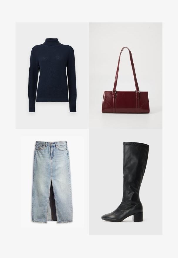 Marineblå turtleneck genser med et teksturert strikkemønster, lange ermer og ribbestrikkede mansjetter og nederkant. Glatt stofffinish.; Lys blå denim skjørt med en frontspalte, fem-lomme design og knappelukking. Har falmede detaljer og rå kant.; Sorte knelengde støvler laget av glatt lær. Har en kvadratisk hæl og en slank silhuett med en enkel overdel og sydd detaljer på toppen.; Burgunderfarget håndveske laget av glinsende materiale, rektangulær form, med to skulderstropper og subtile buede detaljer på forsiden.
