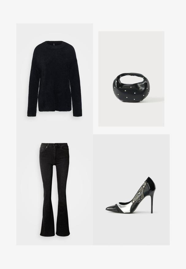 ONLY Tall ONLPETRA LOOSE O NECK - Πουλόβερ - black; Μαύρο ξεθωριασμένο τζιν με ελαφριά λάμψη από σποραδικά σημεία, φτιαγμένο από τζιν ύφασμα, με κλασικό σχεδιασμό πέντε τσεπών και κλείσιμο με κουμπί μπροστά.; Μαύρο και ασημί γόβες με ψηλό τακούνι και μυτερή μύτη, με πλέγμα πλευρικό πάνελ που διαθέτει σχέδιο από φίδι και κομψό τακούνι στιλέτο.; Μαύρη δερμάτινη τσάντα χειρός με στρογγυλεμένο σχήμα, διακοσμημένη με ασημένιες λεπτομέρειες με καρφιά και κοντή λαβή. Λείο υλικό και κλείσιμο με φερμουάρ.