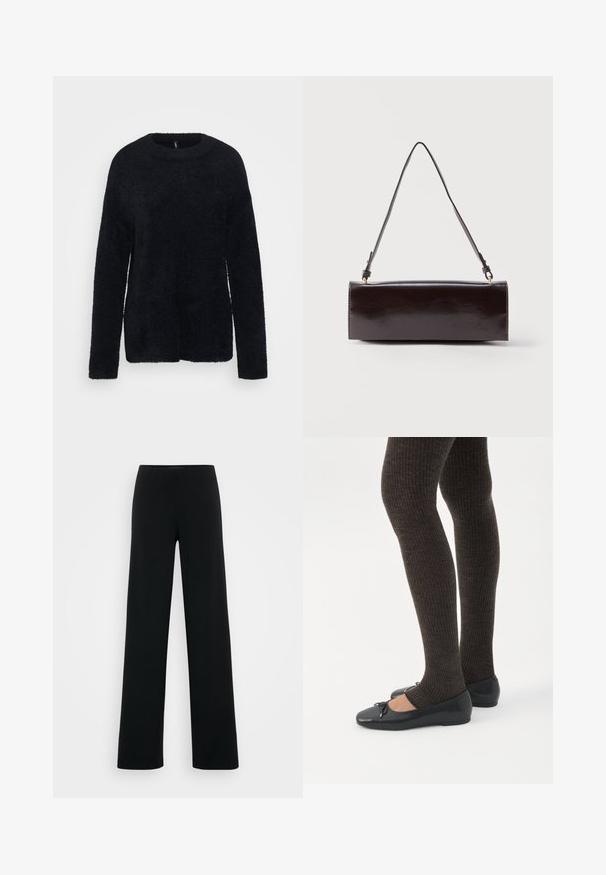 ONLY Tall ONLPETRA LOOSE O NECK - Striktrøje - black; Vero Moda Tall VMBERLIN ZAMIRA WIDE - Bukser - black; Ben iført mørke ribbede leggings kombineret med sorte balletsko med små sløjfedetaljer på hvid baggrund.; Rektangulær sort læderhåndtaske med en enkelt lang rem og blank finish, vist mod en ensfarvet hvid baggrund.