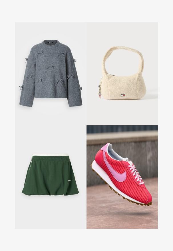 Grå strikket sweater med løs pasform, rund halsudskæring og dekorative sløjfer syet på forsiden og ærmerne. Blødt, tekstureret stof.; Mørkegrøn atletisk nederdel med hvid elastisk talje og lille hvid Nike-swoosh på siden, vist på en hvid baggrund.; Lys pink og rød strikket sneakers med lyserød logo og snørebånd, hvid sål og brun bund flyvende over en betonoverflade.; Kremfarvet håndtaske lavet af blødt, tekstureret materiale med en buet rem, rund form, lynlåslukning og en accent med mærkelogo.