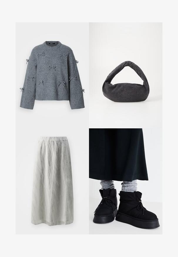 Grå strikket sweater med løs pasform, rund halsudskæring og dekorative sløjfer syet på forsiden og ærmerne. Blødt, tekstureret stof.; Lys grå midi-nederdel med elastisk talje, lavet af et gennemsigtigt, tekstureret materiale, der har et svajende, lagdelt design.; Sorte, puffede ankelstøvler med flade såler, snørebånd og fremtrædende stikninger. Bæret med grå ribbede sokker, der stikker frem, sammen med en mørk nederdel.; Mørkegrå stofpose med et buet håndtag, blød tekstur og rund form. Ingen synligt hardware eller pynt.