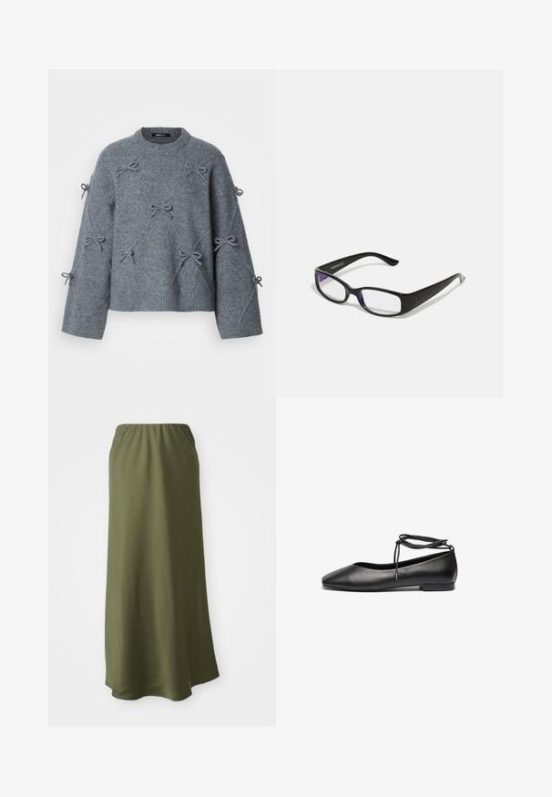 Suéter gris de punto con un corte holgado, escote redondo y lazos decorativos cosidos en la parte delantera y en las mangas. Tejido suave y texturizado.; Falda verde oliva, de longitud hasta el tobillo, hecha de una tela suave con cintura elástica; textura lisa y un diseño sencillo y fluido.; Bailarinas de cuero negro con punta afilada, tacón plano y un detalle de lazo alrededor del tobillo. Textura suave, diseño minimalista.; Gafas rectangulares negras con lentes transparentes. Acabado brillante, varillas estrechas y tinte púrpura visible en los bordes de los lentes.